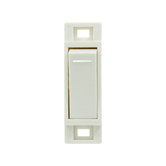 Apagador sencillo blanco de pared, interruptor de luz tipo toggle con marco moderno para instalaciones eléctricas.
