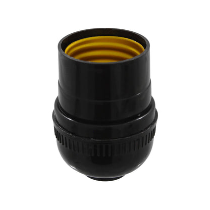 Portalámparas E27 negro con rosca interna amarilla y diseño cilíndrico para proyectos de iluminación y hogar.