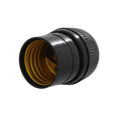 Portalámparas E27 negro de baquelita con rosca interior dorada para instalaciones eléctricas e iluminación.