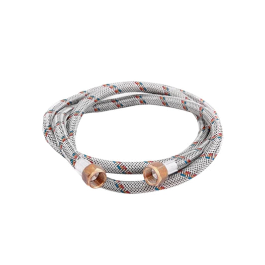 Manguera flexible trenzada metálica gris con patrón rojo y azul, conexiones de latón para instalación de gas