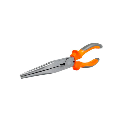 Pinza de punta larga 8 pulgadas con mango bimaterial naranja y gris para trabajos de precisión en ferretería.