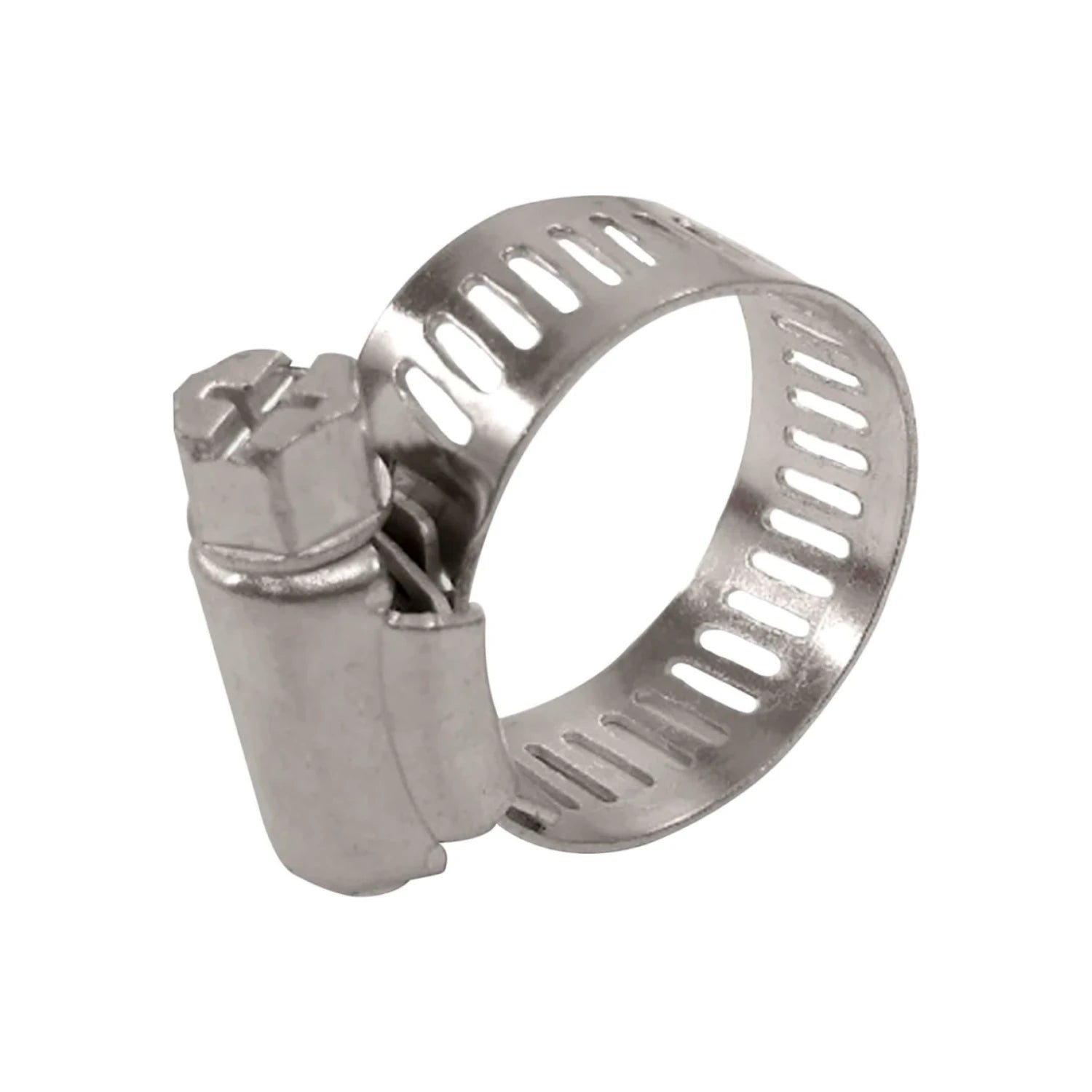 Abrazadera sin fin de acero inoxidable para mangueras y tubos, ajustable con tornillo, acabado metálico plateado.