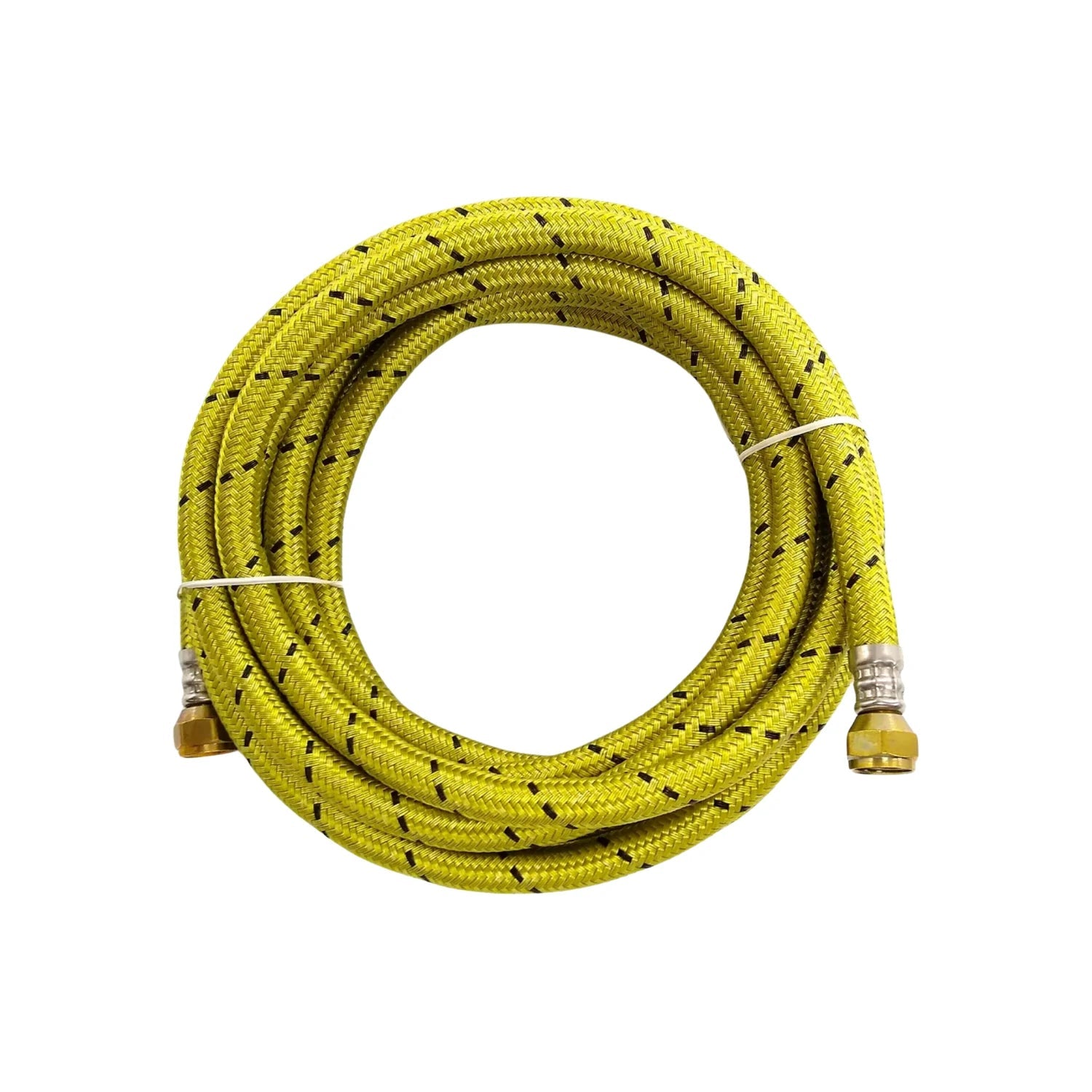 Manguera para gas flexible trenzada amarillo verdoso con patrón negro, enrollada, conectores metálicos para instalación
