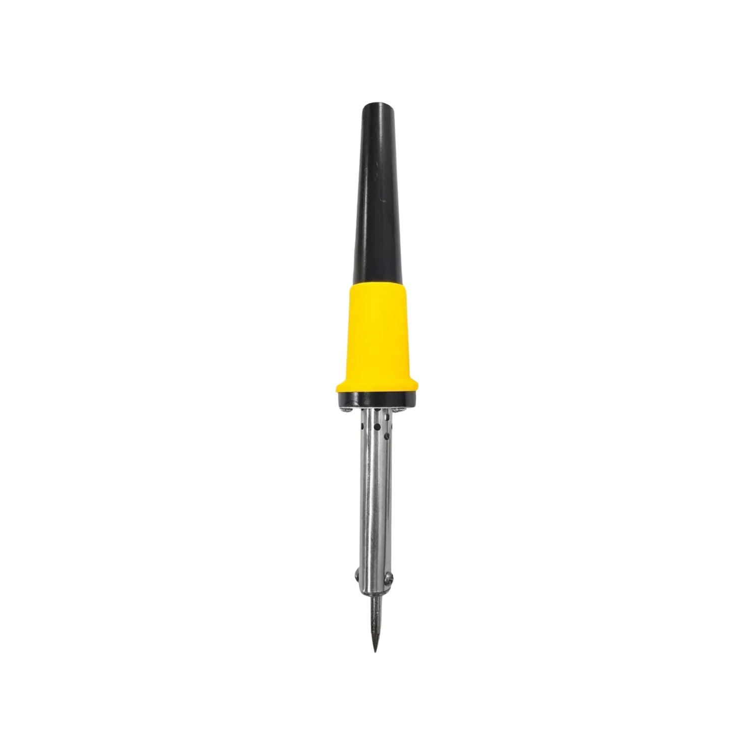 Cautín eléctrico tipo lápiz con punta fina, mango amarillo y negro, ideal para soldadura.