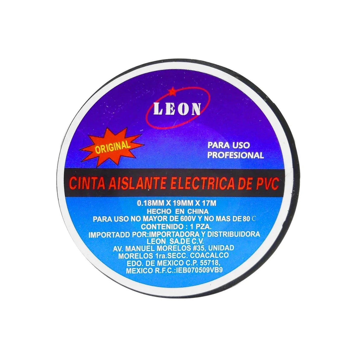 Cinta aislante eléctrica negra León de PVC 0.18x19mmx17m, uso profesional 600V 80°C.