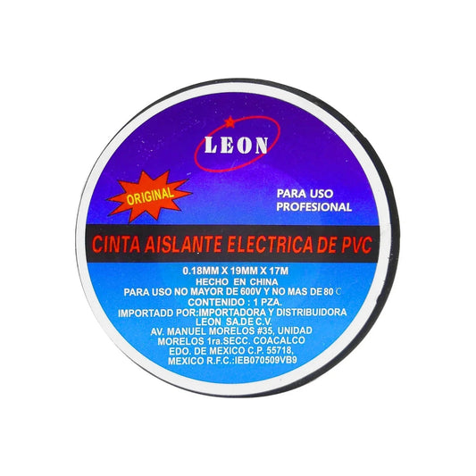 Cinta aislante eléctrica negra León de PVC 0.18x19mmx17m, uso profesional 600V 80°C.
