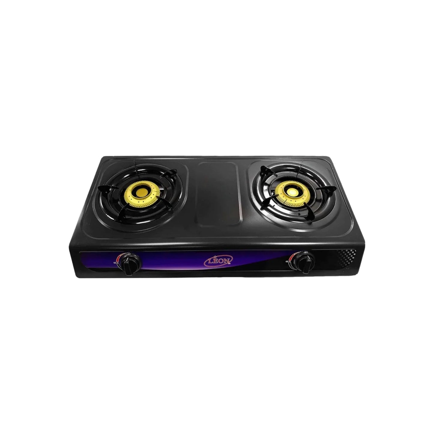 Estufa de gas 2 quemadores León negra con base morada, portátil para cocina de mesa, encendido manual