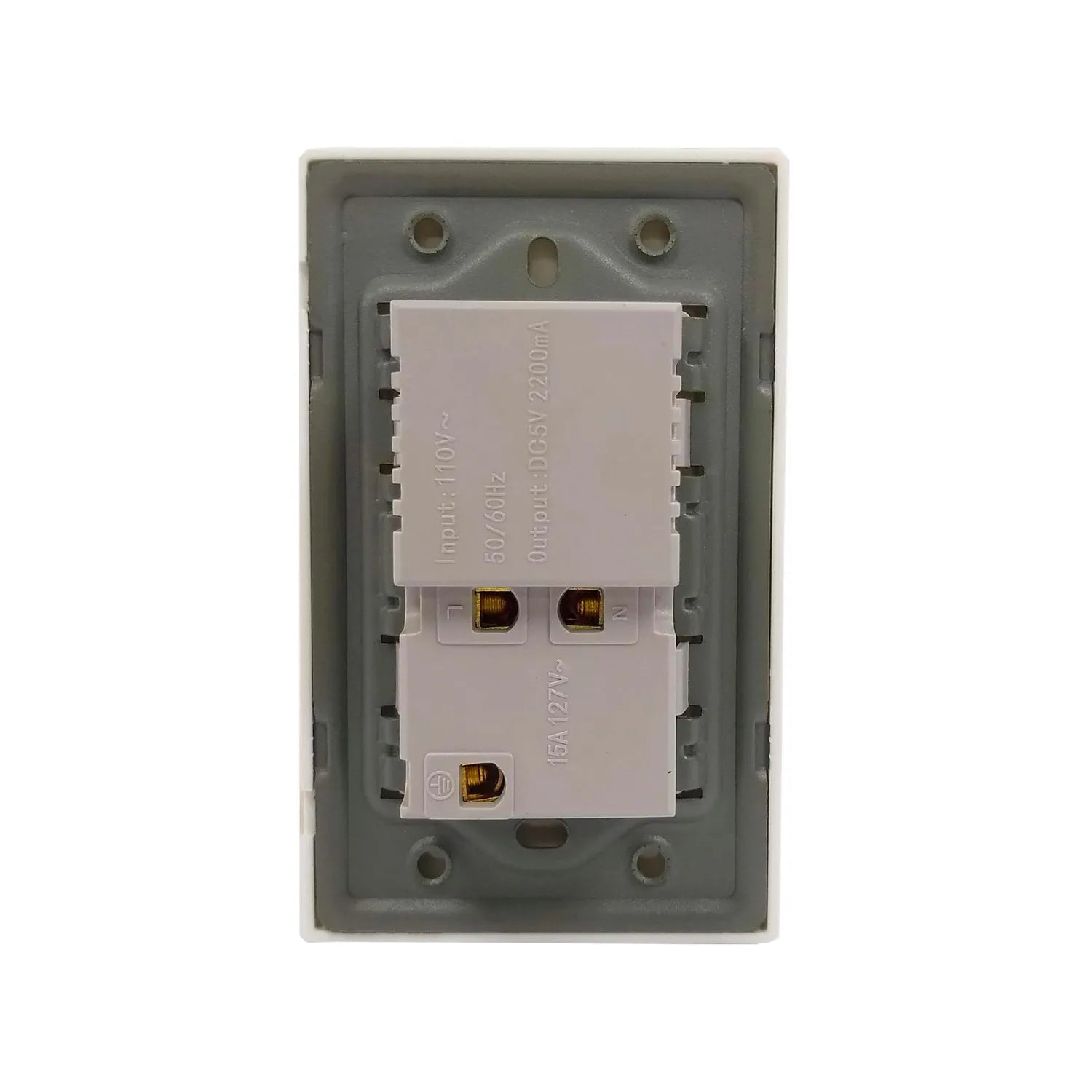 Placa eléctrica blanca 1 contacto y doble cargador USB, 110V/127V a 5V 2.2A para instalación segura.