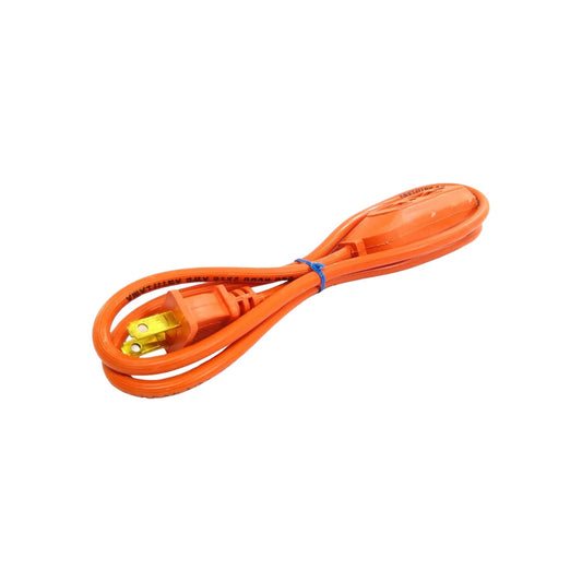 Extensión eléctrica naranja de uso rudo, enrollada, con enchufe macho y tomacorriente. Calibre 18 AWG.