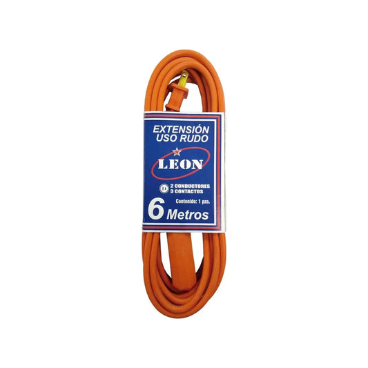 Extensión eléctrica uso rudo naranja 6 metros, 3 contactos, marca León.