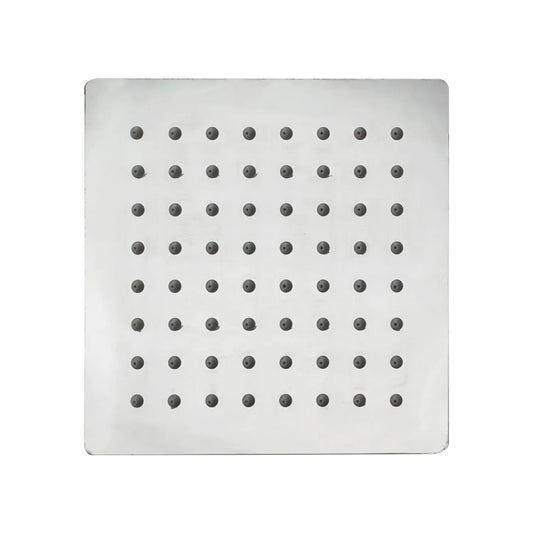 Regadera cuadrada de 6 pulgadas de acero inoxidable, con acabado brillante y múltiples boquillas.