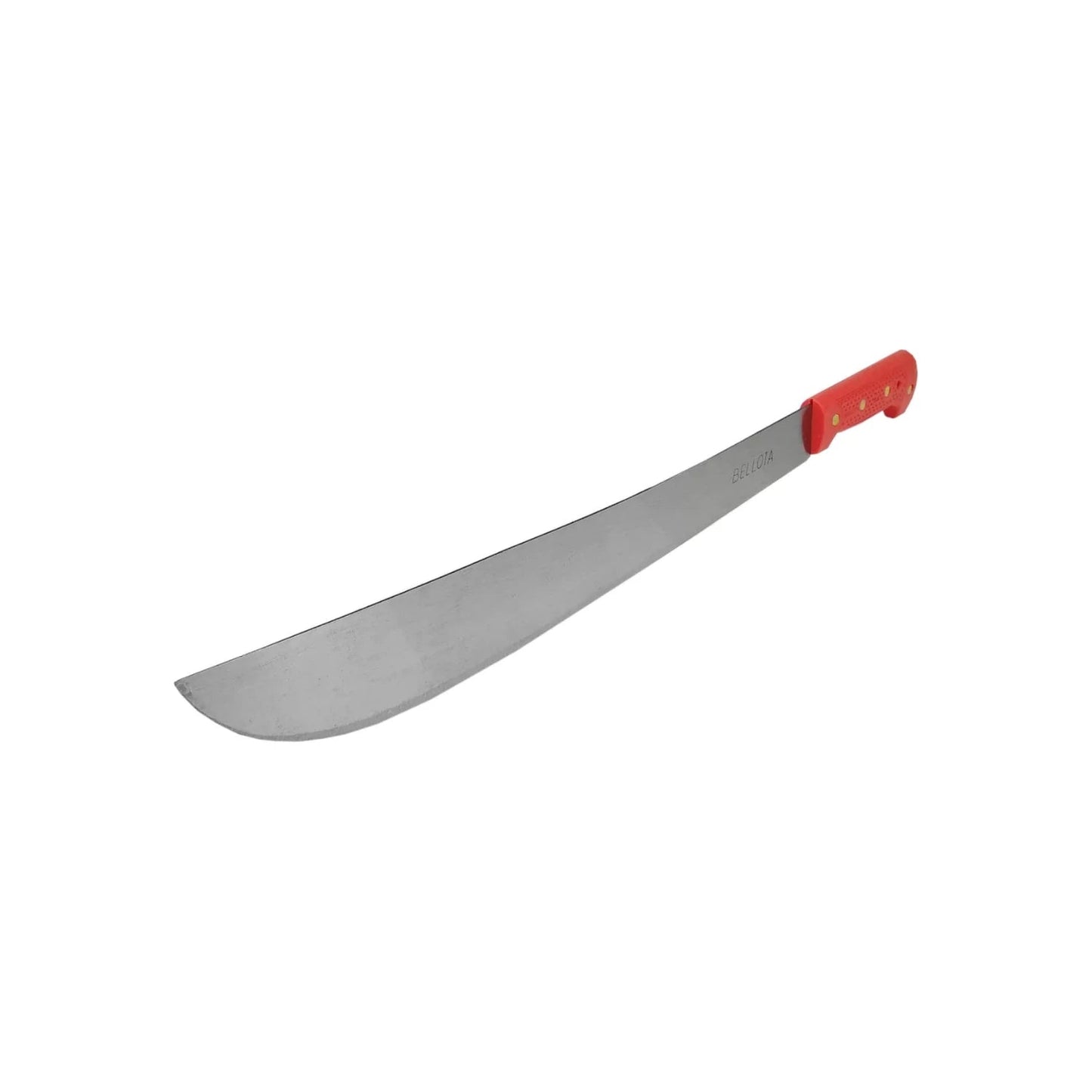 Machete Bellota de hoja pulida de acero, mango ergonómico rojo, ideal para desbroce y trabajos de campo.