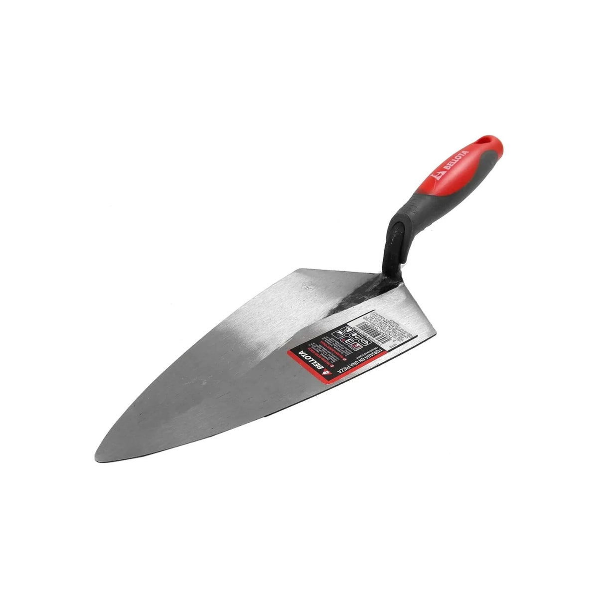 Cuchara de albañil Bellota 10 pulgadas con mango bimaterial ergonómico rojo y negro para mampostería.