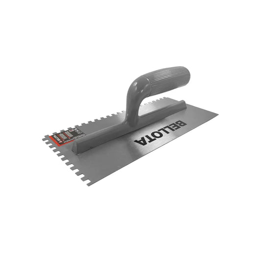 Llana dentada Bellota con mango ergonómico gris para aplicación de mortero y adhesivo cerámico en construcción