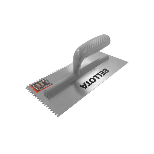 Llana dentada Bellota de acero con mango ergonómico gris para aplicación uniforme de adhesivos en revestimientos y pisos