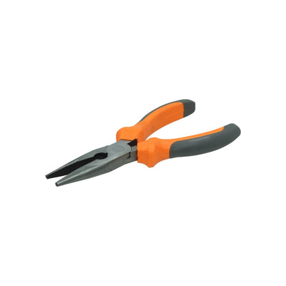 Pinzas de punta fina de 6 pulgadas con mangos ergonómicos naranja y gris, para trabajos eléctricos y de precisión.