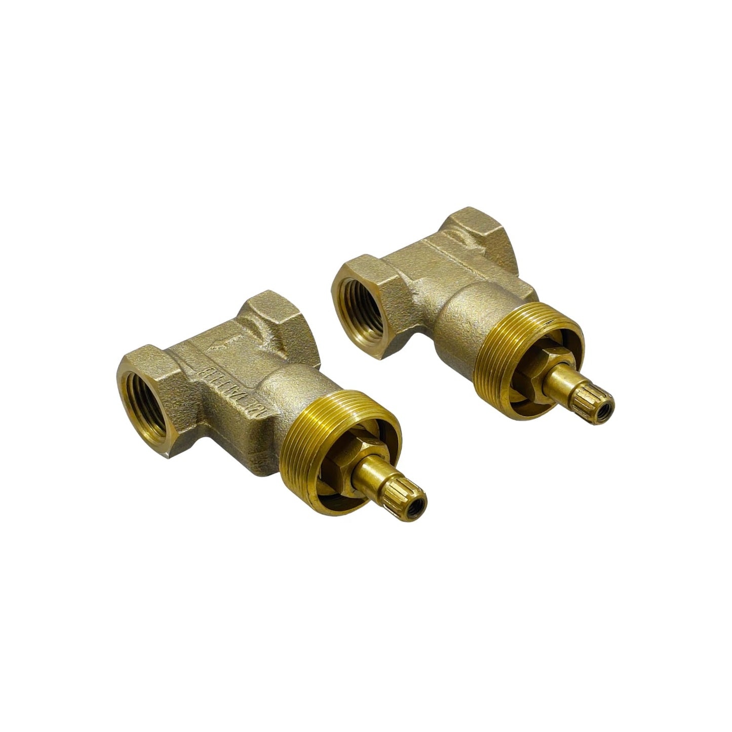 Par de llaves de regadera roscables de latón dorado, válvulas para fontanería.