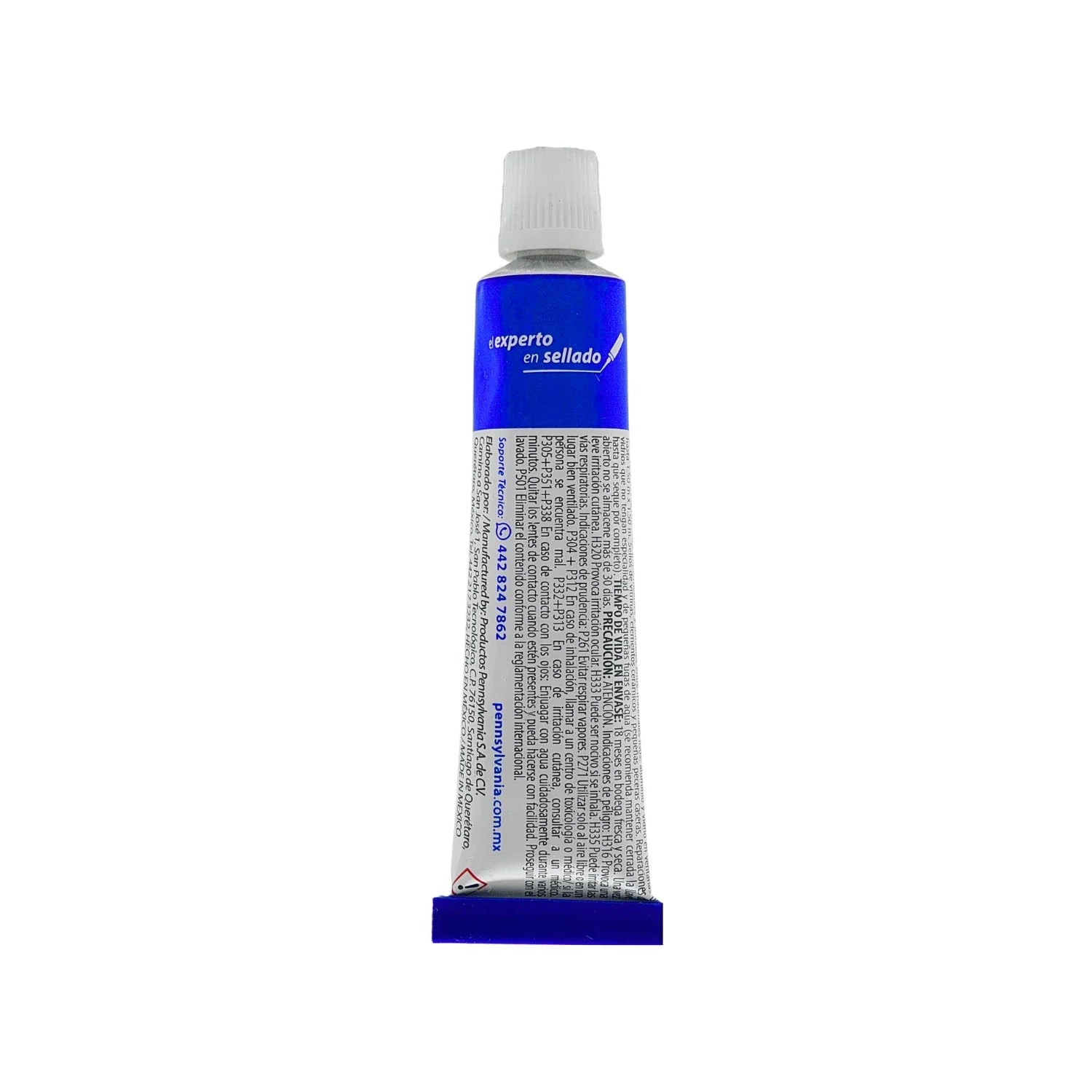 Tubo de silicón sellador azul marca Pennsylvania con tapa blanca, experto en sellado para uniones.