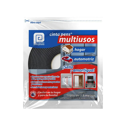 Burlete de espuma adhesiva negra Cinta Pens 4.7mm x 9.5mm x 7.5m para sellar puertas y ventanas hogar y auto.