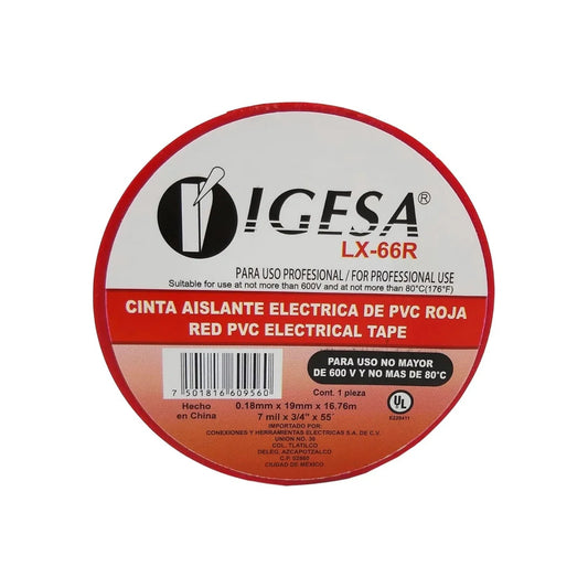 Cinta de aislar eléctrica Igesa LX-66R roja PVC profesional 600V 80°C UL