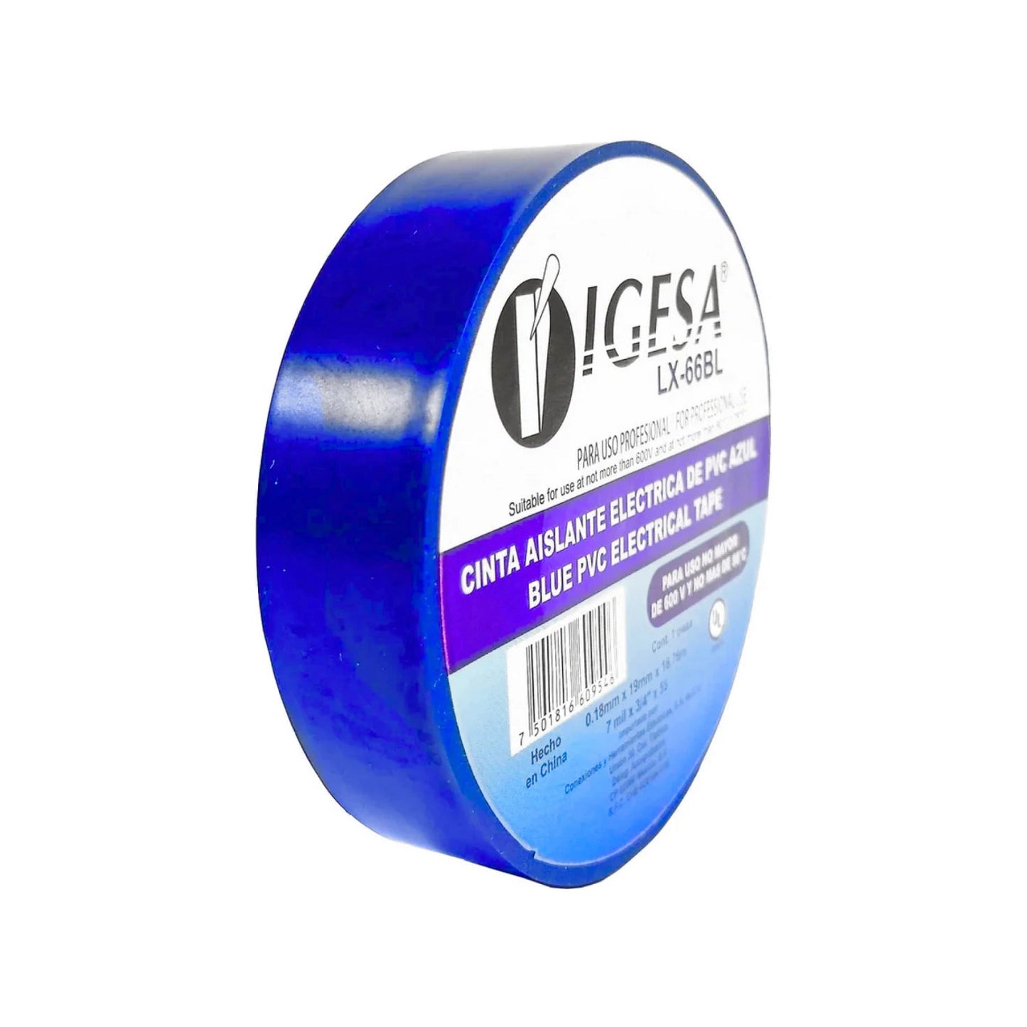 Cinta aislante eléctrica Igesa azul LX-66BL de PVC para instalaciones y reparaciones profesionales hasta 600V.