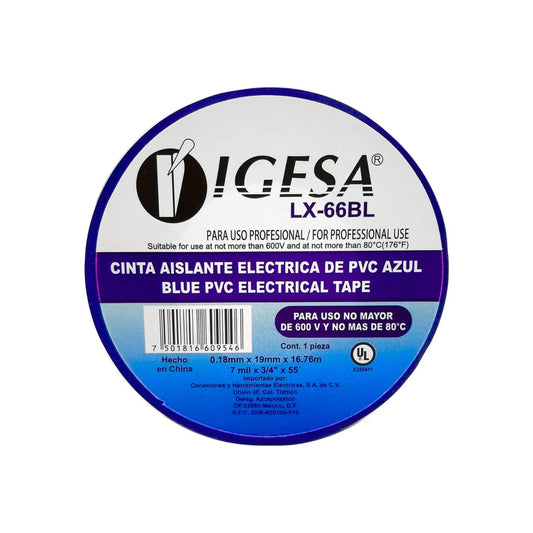 Cinta aislante eléctrica de PVC azul Igesa LX-66BL, profesional 600V / 80°C, 19mm x 16.76m UL