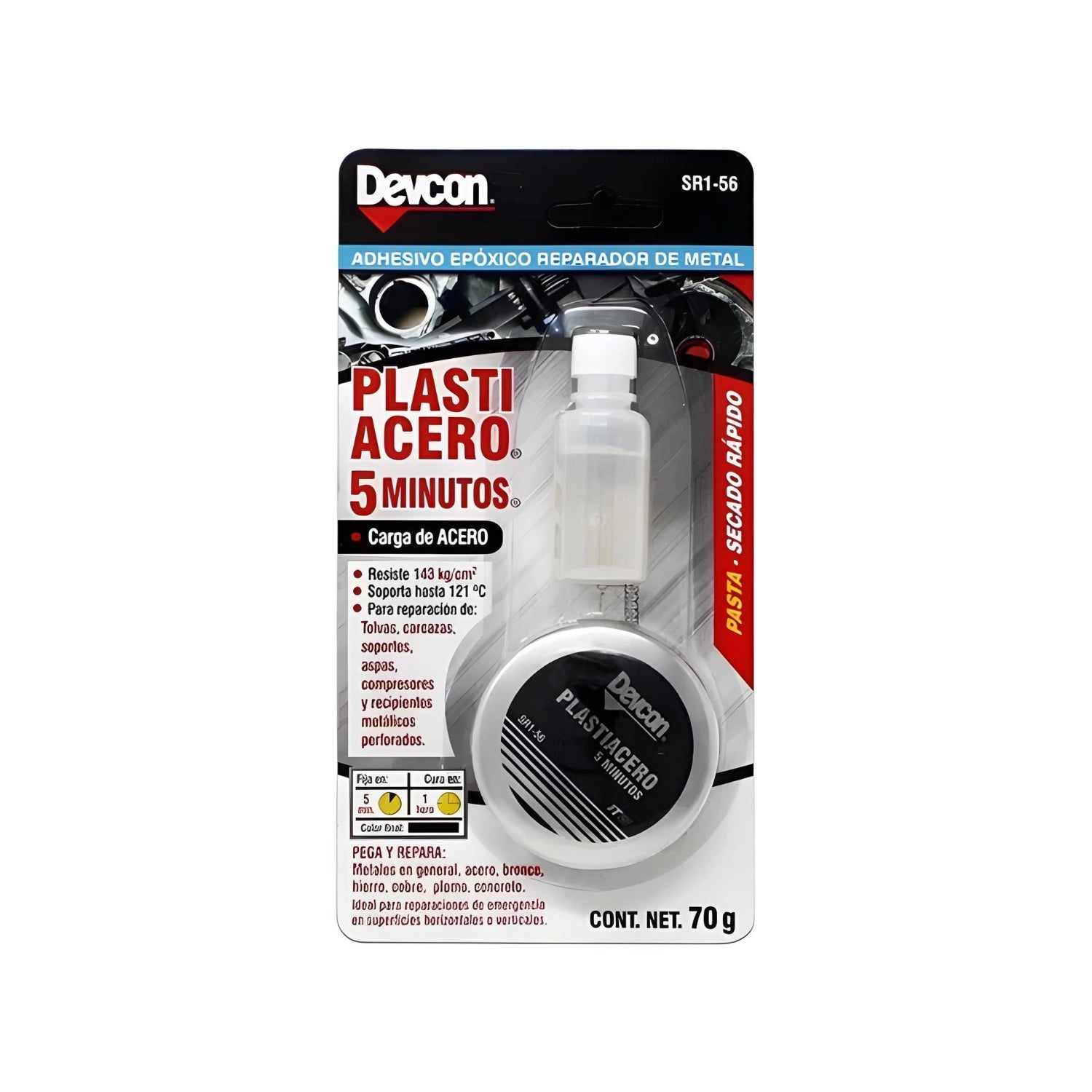 Adhesivo epóxico Devcon Plastiacero 5 Minutos, carga de acero para reparación de metal, secado rápido 70g, gris