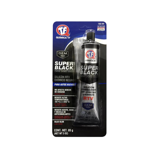 Silicón negro RTV Quimica TF 700-HH para juntas automotrices, alta temperatura 343°C, resistente a aceite, seguro sensor O2