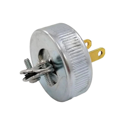 Clavija eléctrica industrial metálica de 2 polos con prongs de latón y terminales de tornillo.