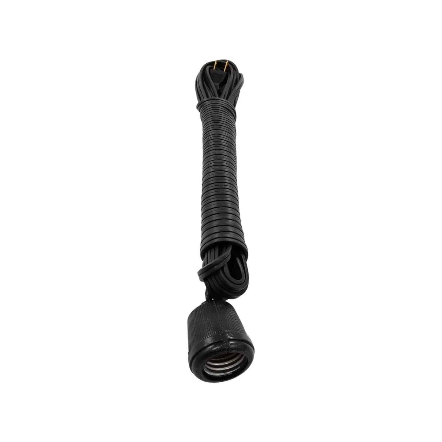 Extensión eléctrica negra enrollada con socket para foco, clavija 2 puntas, 9 metros, ideal iluminación