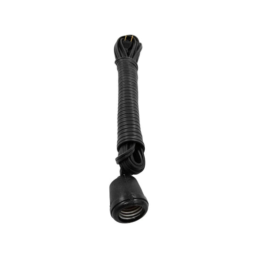 Extensión eléctrica negra enrollada con socket para foco, clavija 2 puntas, 9 metros, ideal iluminación