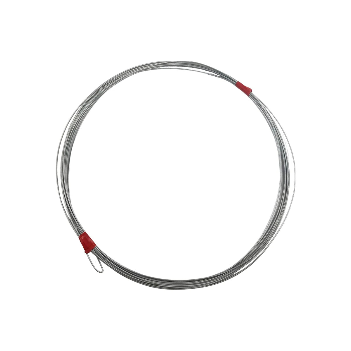 Guía de cableado de acero enrollada, extremos rojos y ojal para instalar cables eléctricos.