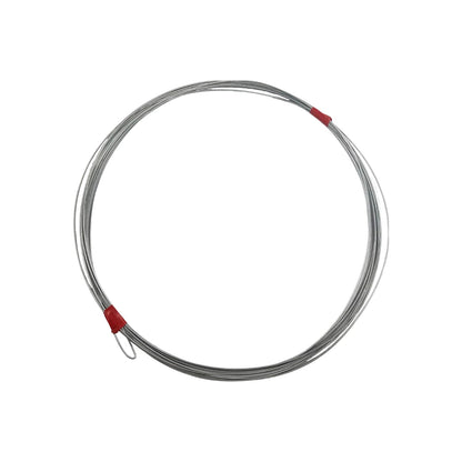 Guía para cableado de acero enrollada 25m, plateada con topes rojos, para instalaciones eléctricas profesionales.