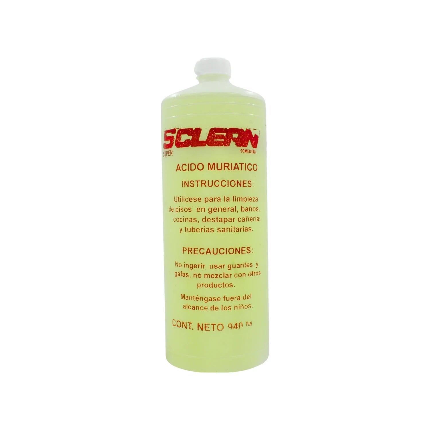 Ácido muriático líquido Super Clean Comerika 940ml, limpiador potente para pisos, baños y desatascador de tuberías.