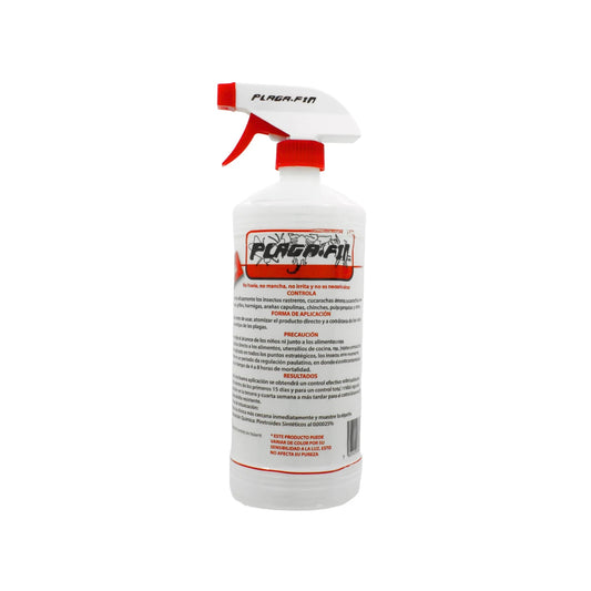Insecticida líquido PLAGA.FIN 1 litro en botella spray blanca con gatillo rojo para control eficaz de plagas domésticas.