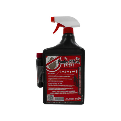 Insecticida Ponles Final Eficaz 1.1L en spray negro con gatillo rojo contra cucarachas y arañas.