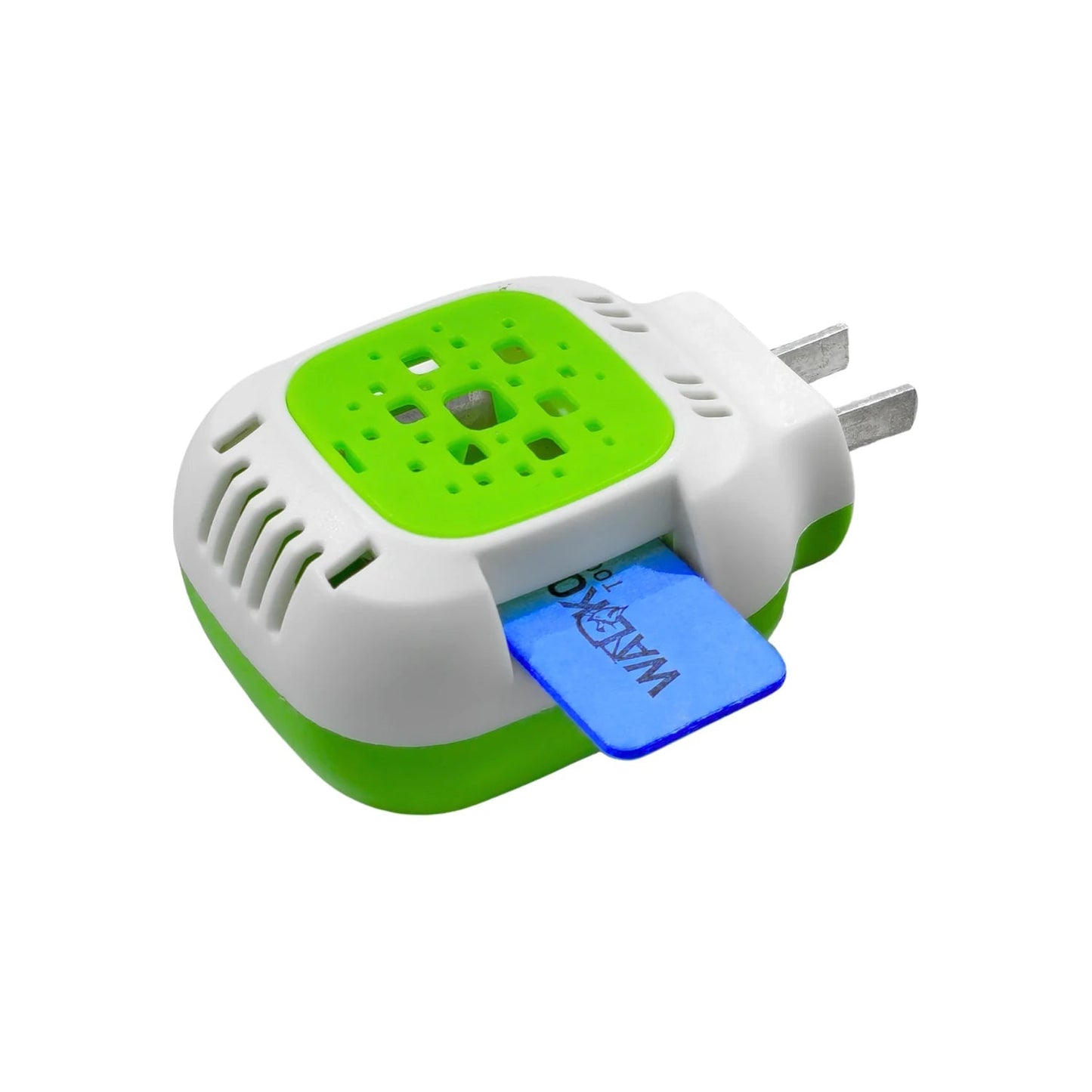 Repelente eléctrico Waldko para mosquitos e insectos, enchufe blanco y verde, con lámina azul.