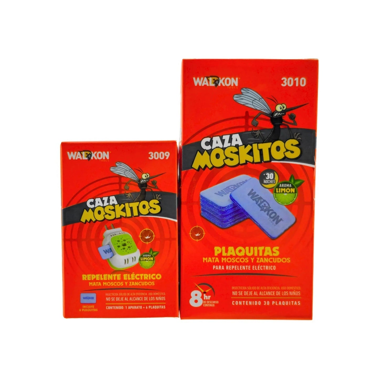 Repelente eléctrico Caza Moskitos Walkon: kit con aparato y 6 plaquitas, más recarga de 30 plaquitas aroma limón.