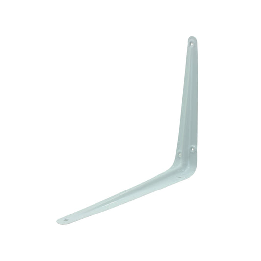 Ménsula blanca de metal para soporte de estantes, ideal para repisas y organización en ferretería.