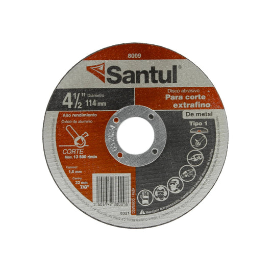 Disco de corte abrasivo Santul 8009 para metal, extrafino, 4 1/2" (114mm), espesor 1.6mm, 13500 RPM