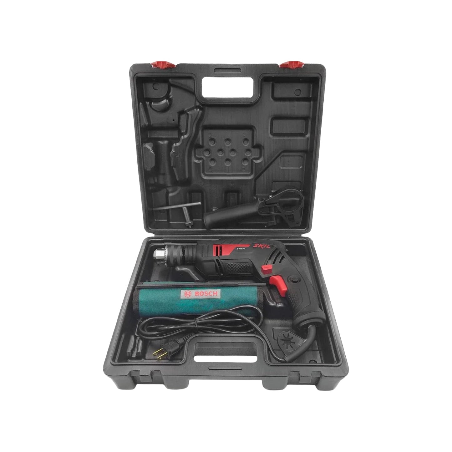 Rotomartillo Skil 570W negro/rojo con maletín. Taladro percutor eléctrico 3/8, accesorios Bosch.