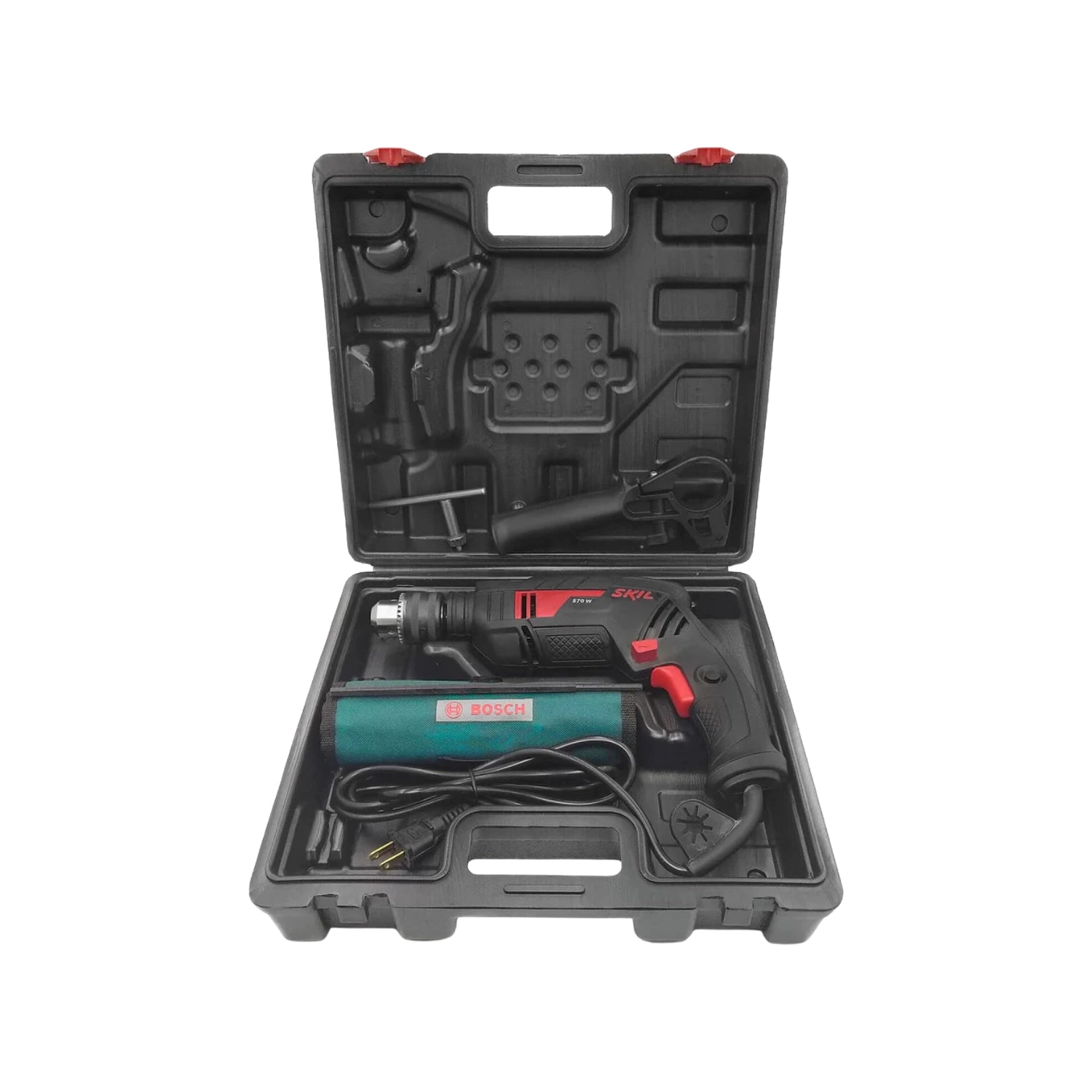 Rotomartillo Skil 570W negro/rojo con maletín. Taladro percutor eléctrico 3/8, accesorios Bosch.