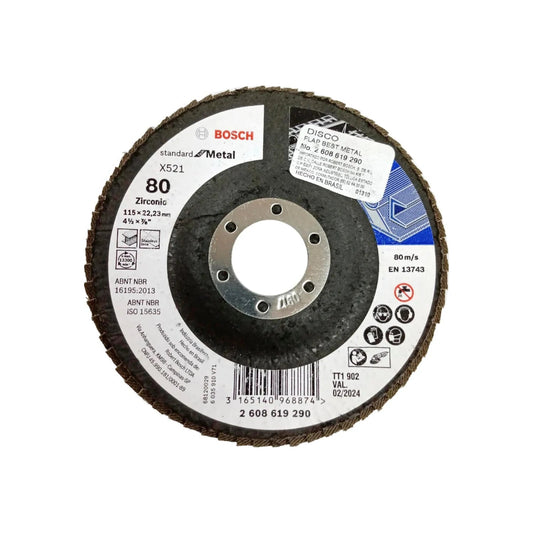 Disco laminado Bosch para metal, grano 80 zirconio, 4 1/2 pulgadas (115mm), desbaste profesional.