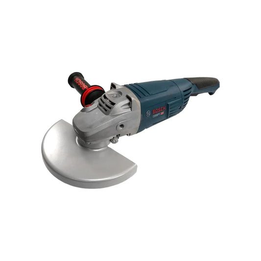 Esmeriladora angular Bosch azul y plata 9 pulgadas con mango auxiliar para corte y desbaste