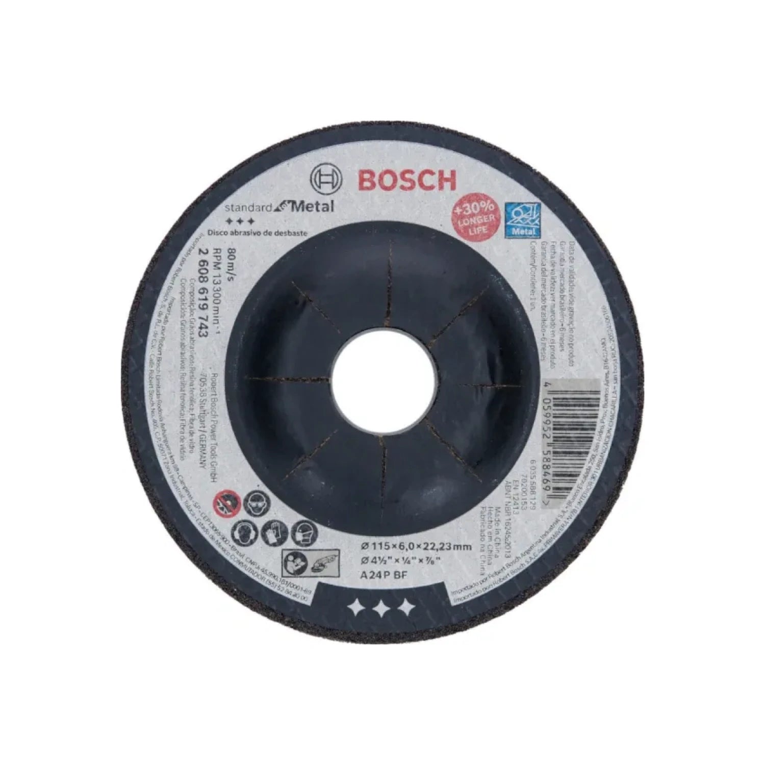 Disco desbaste Bosch 4½" metal, negro, 115x6mm, +30% vida útil, código 2608619743.
