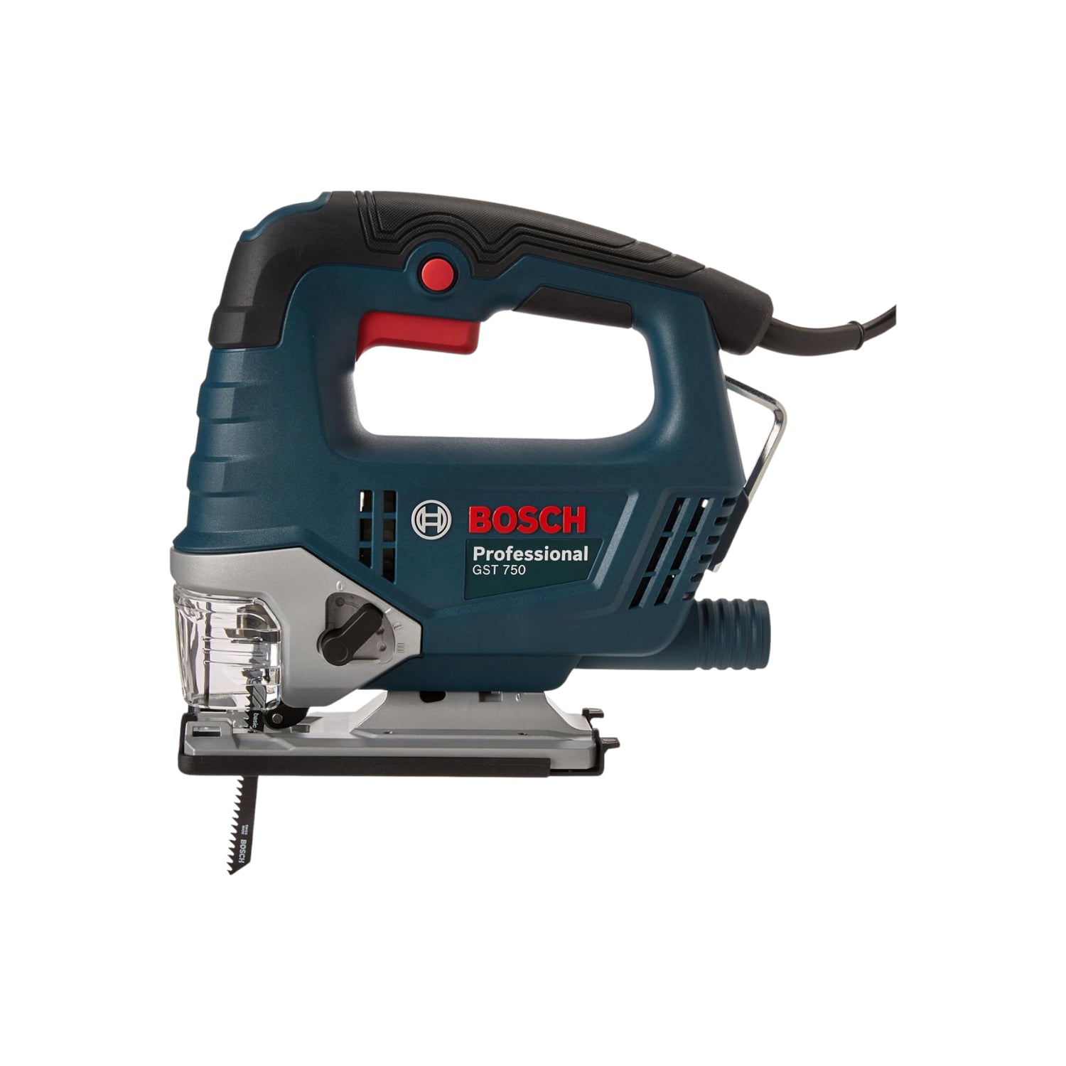 Sierra caladora eléctrica Bosch GST 750 profesional azul con hoja visible, ideal para cortes precisos en madera y metal.