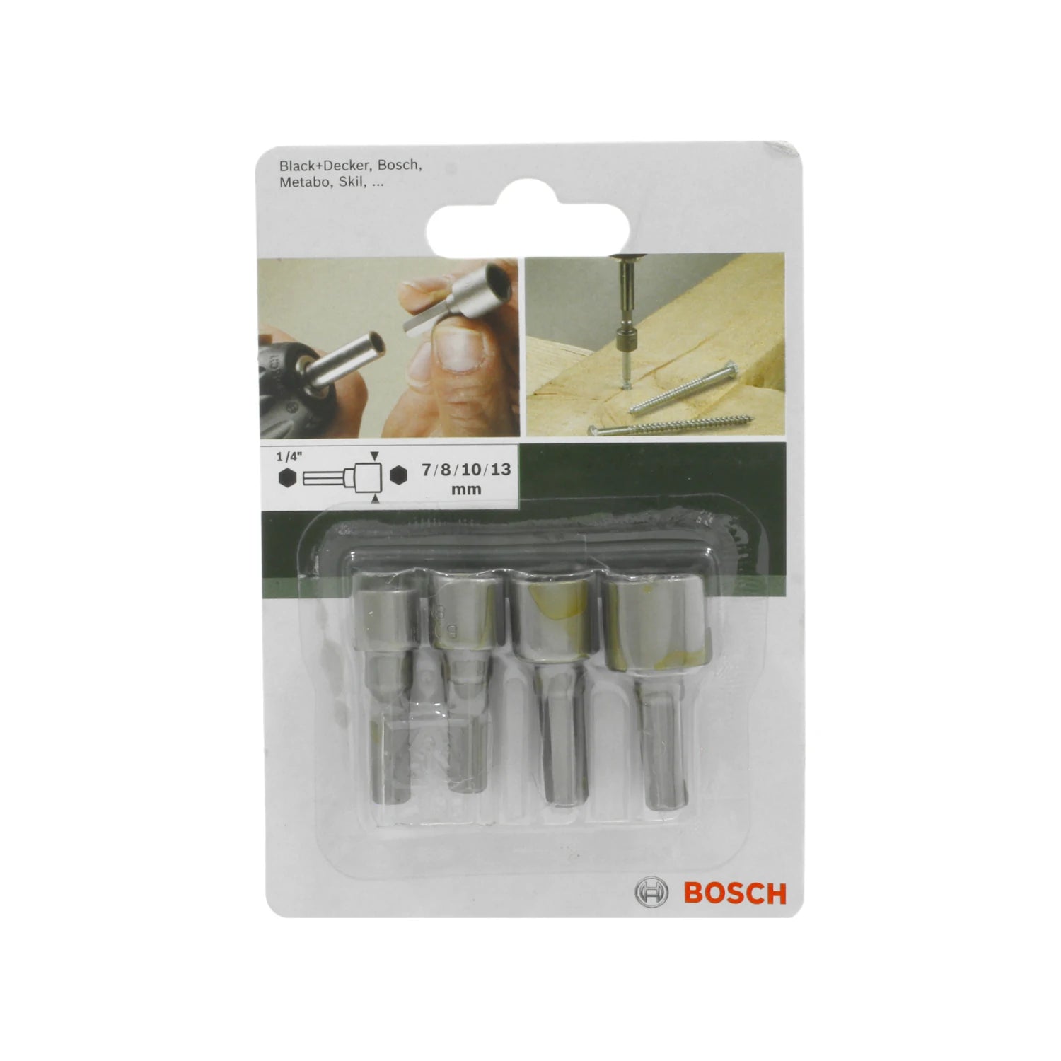 Juego de puntas de vaso hexagonales Bosch 1/4", 4 piezas, 7, 8, 10, 13mm, para atornillador