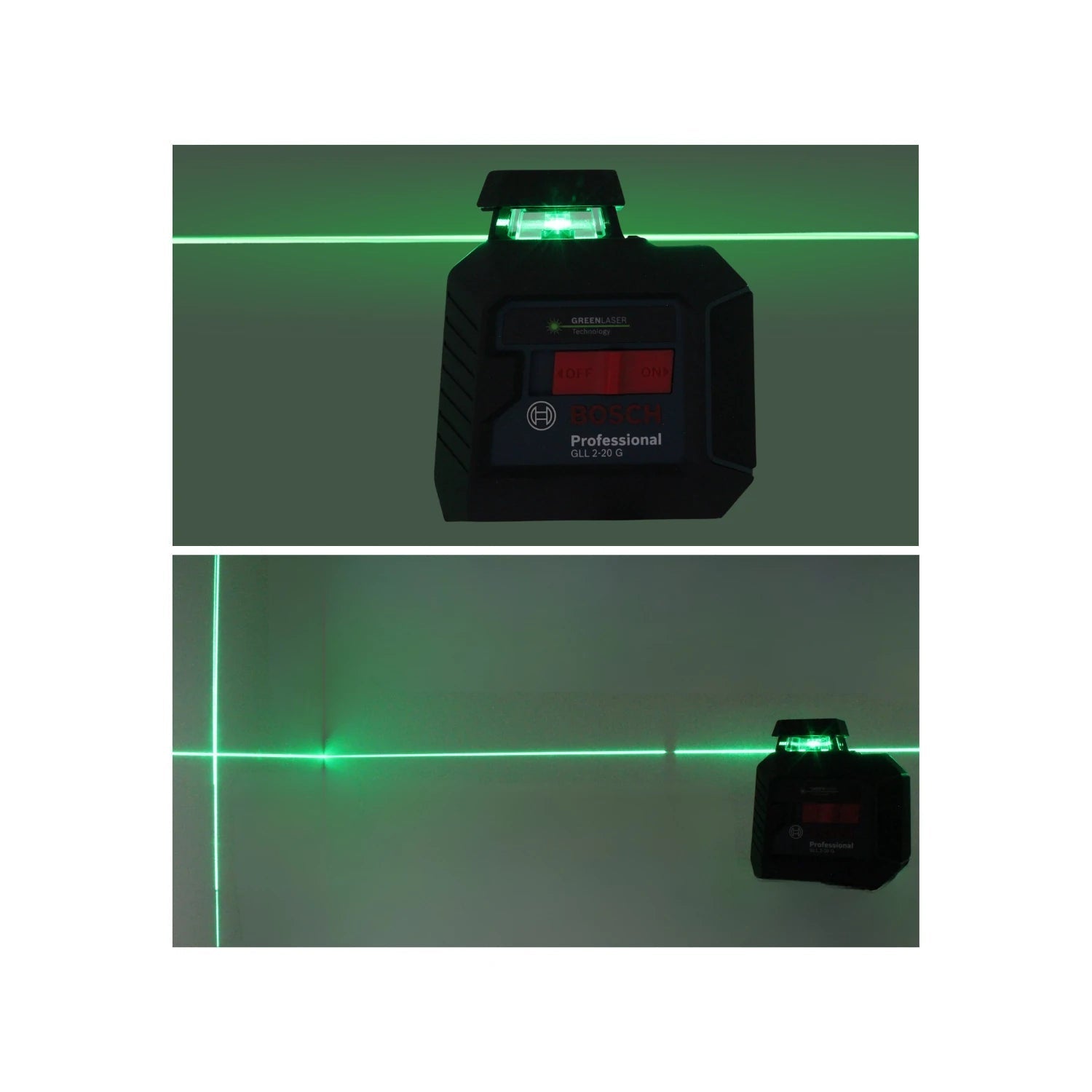 Nivel láser Bosch GLL 2-20 G profesional con líneas verdes autonivelantes para proyectos de construcción y reformas.
