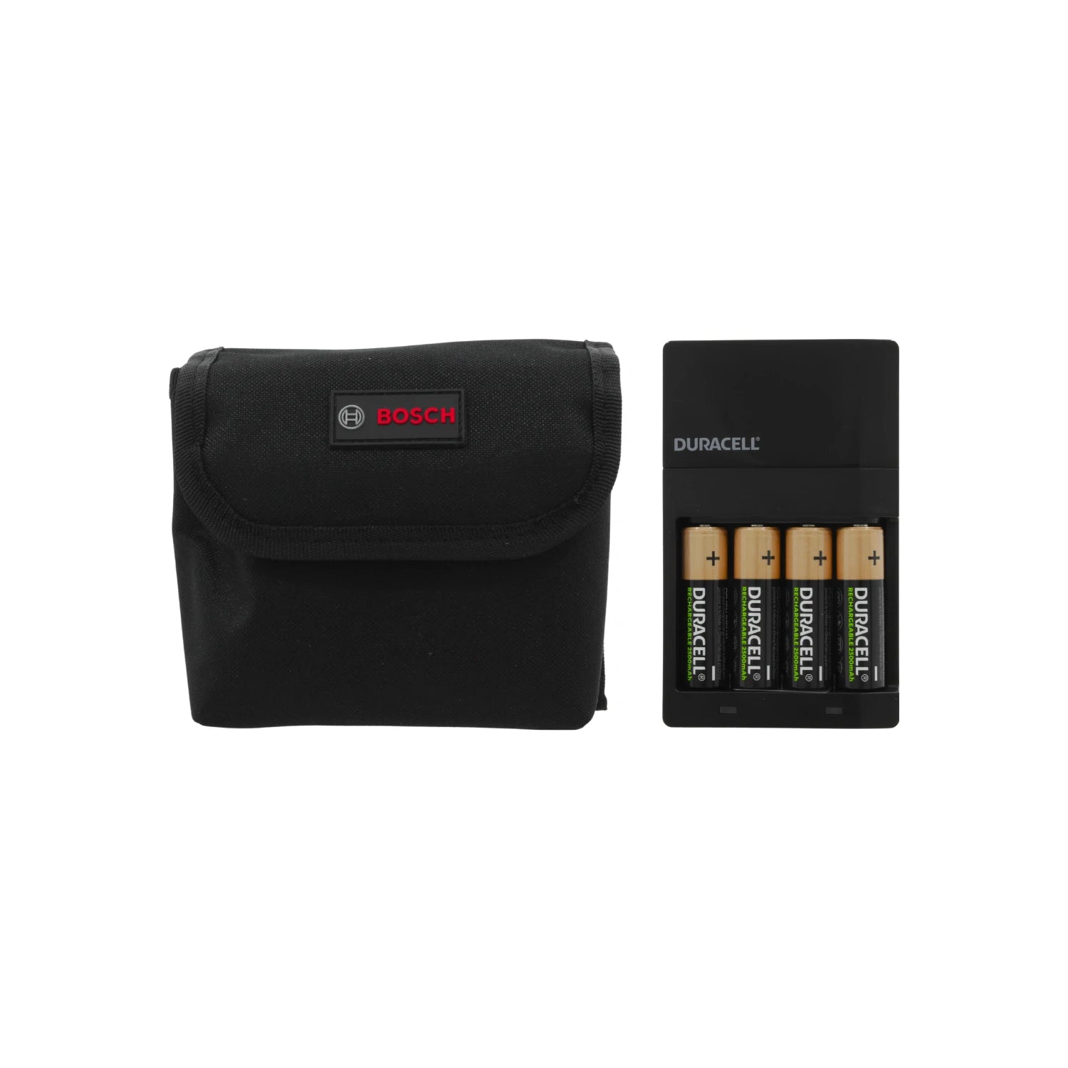 Estuche negro Bosch, cargador Duracell y 4 pilas AA recargables para nivel láser