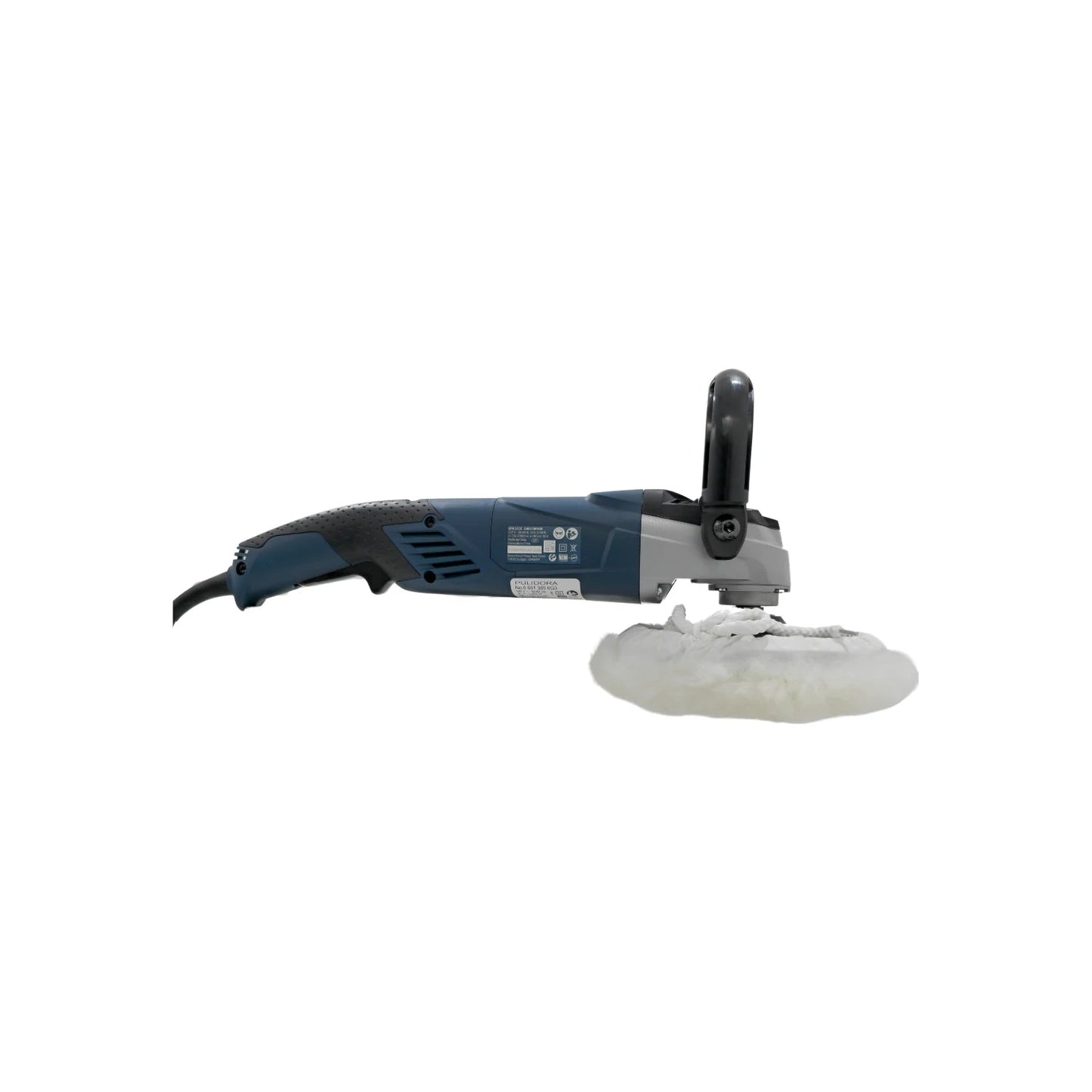 Pulidora profesional eléctrica Bosch azul y gris con mango ergonómico y borla de lana para pulido.